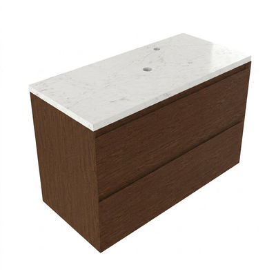 Saniclass Holz Pure Ensemble meuble de salle de bains - 100x45x63cm - Plan vasque en marbre Dia poli (blanc) - 1 trou de robinetterie - 2 tiroirs - mat walnut pure (bois)