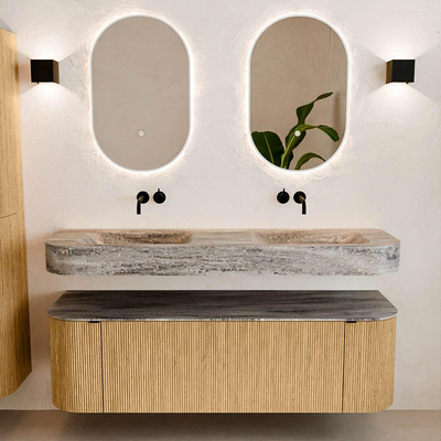 MONDIAZ THOR-DLUX 150cm meuble de salle de bains arrondi gauche + droite couleur Oak avec 1 tiroir et 2 portes. Vasque suspendue CLOUD Double sans trou de robinet couleur Oza.