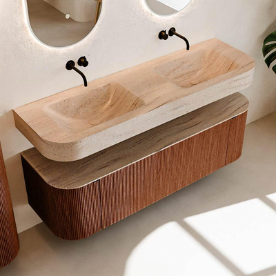 MONDIAZ THOR-DLUX 150cm meuble de salle de bains arrondi gauche + droite couleur Ruby avec 1 tiroir et 2 portes. Vasque suspendue CLOUD Double sans trou de robinet couleur Saba.