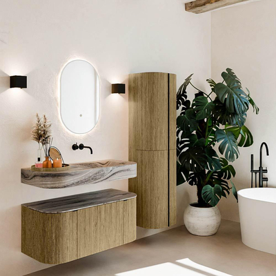 MONDIAZ THOR-DLUX 100cm meuble de salle de bains arrondi gauche + droite couleur Dusk avec 1 tiroir et 2 portes. Vasque suspendue CLOUD Droite sans trou de robinet couleur Sombra.