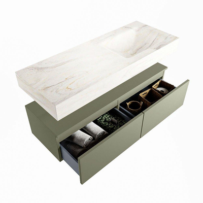 Mondiaz ALAN-DLUX Ensemble de meuble - 120cm - meuble - Army mat - 2 tiroirs - Lavabo Cloud Ostra suspendu - vasque droite - 0 trous de robinet - Beige
