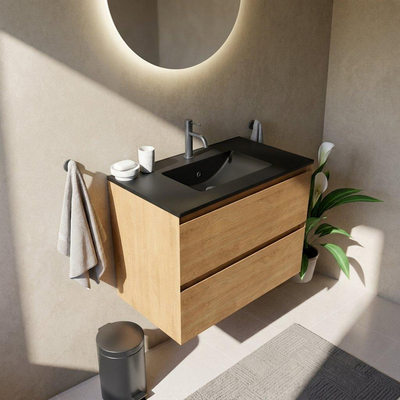 Saniclass Holz Pure Ensemble meuble de salle de bains - 80x45x62cm - lavabo Vygo en céramique noir - 1 vasque - 1 trou de robinetterie - 2 tiroirs - chêne naturel mat (bois)