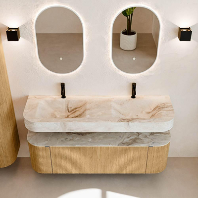 MONDIAZ THOR-DLUX 150cm meuble de salle de bains arrondi gauche + droite couleur Oak avec 1 tiroir et 2 portes. Vasque suspendue CLOUD Double 2 trous de robinet couleur Frappe.