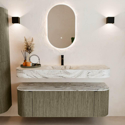 MONDIAZ THOR-DLUX 140cm meuble de salle de bains arrondi gauche + droite couleur Shadow avec 1 tiroir et 2 portes. Vasque suspendue CLOUD Milieu 1 trou de robinet couleur Glace.