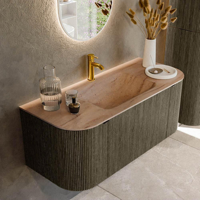 MONDIAZ KURVE-DLUX Meuble de salle de bains 110cm arrondi gauche + droite couleur Shadow avec 1 tiroir et 2 portes. Lavabo CLOUD central 1 trou de robinet Saba.