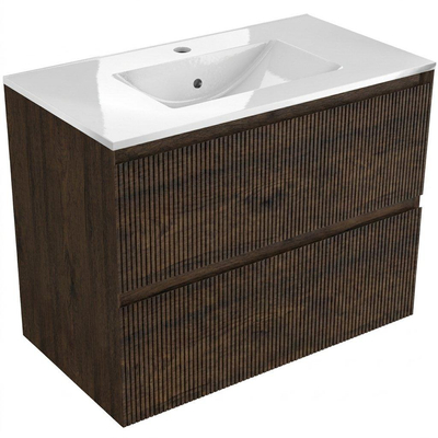 Saniclass Holz Atelier Ensemble meuble de salle de bains - 80x45x62cm - Lavabo Vygo en céramique blanc - 1 vasque - 1 trou de robinetterie - 2 tiroirs - chêne charcoal mat (bois)
