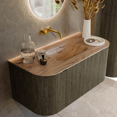 MONDIAZ KURVE-DLUX Meuble de salle de bains 100cm arrondi Gauche + Droite couleur Shadow avec 1 tiroir et 2 portes. Lavabo GRUNNE Central sans trou de robinet Arena.