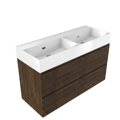 Saniclass Holz Atelier Ensemble de meubles de salle de bains - 120x45x72cm - Legend lavabo en céramique blanc - 2 vasques - sans trous de robinetterie - 2 tiroirs - chêne charcoal mat (bois)