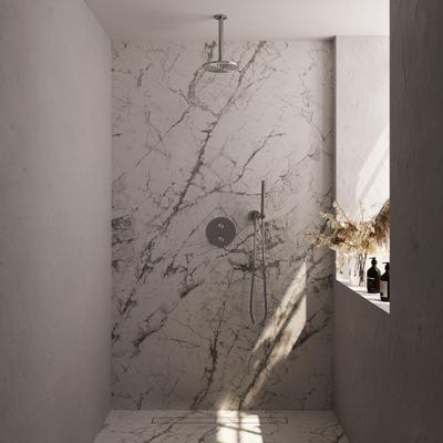 BRAUER Douche à l'italienne thermostatique à encastrer en finition brossée - 3 voies - rond - set 77 - douche principale de 20 cm - bras plafond - douchette à main - flexible de douche - coude mural - inox brossé PVD