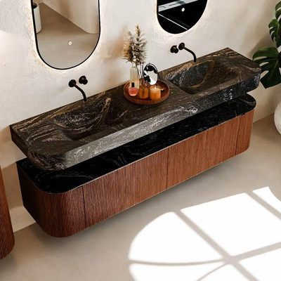 MONDIAZ THOR-DLUX Meuble de salle de bains 190cm arrondi gauche + droite couleur Ruby avec 2 tiroirs et 2 portes. Vasque suspendue CLOUD Double sans trou de robinet couleur Lava.