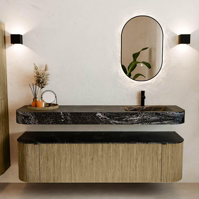 MONDIAZ THOR-DLUX 170cm meuble de salle de bains arrondi gauche + droite couleur Dusk avec 1 tiroir et 2 portes. Vasque suspendue CLOUD Droite 1 trou de robinet couleur Lava.