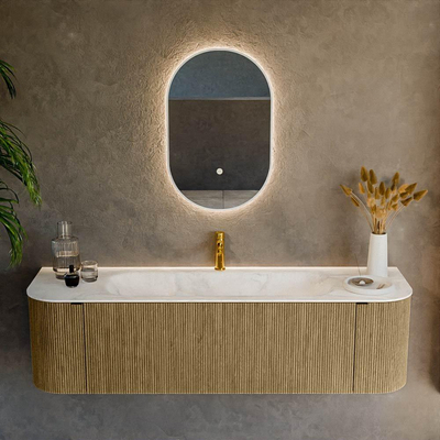 Mondiaz KURVE-DLUX Ensemble de meuble salle de bain - 160x46x40cm - 1 tiroir - 2 portes - lavabo en solid surface - milieu - 1 trou de robinet - Dusk
