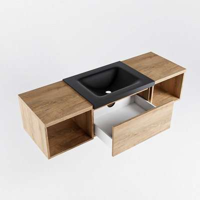MONDIAZ BUKLA 140cm ensemble de meuble avec module ouvert 40 L+R couleur Chêne blanchi avec 1 tiroir. Lavabo CLOUD milieu 0 trous de robinet couleur Urbain.