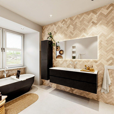 MONDIAZ VICA meuble sous lavabo 150cm Urban 2 tiroirs. Lavabo CLOUD centre 1 trou de robinet, couleur Talc.