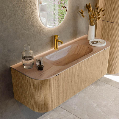 MONDIAZ KURVE-DLUX 130cm badmeubel ronding Links + Rechts kleur Oak met 1 lade en 2 deuren. Wastafel BIG SMALL Midden 1 kraangat Saba.