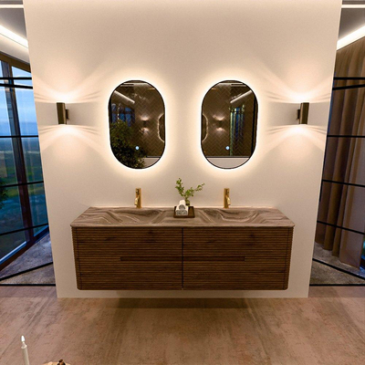 Mondiaz CIRO-DLUX Badkamermeubelset - 160x45x50cm - Solid surface wastafel Sombra - 2 wasbak Dubbel - 2 kraangaten - 4 lades - Dusk