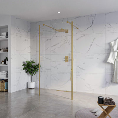 Fortifura Galeria Douche à l'italienne - 100x200cm - verre clair - anticalcaire - verre de sécurité 8mm - 2 parois latérales 40cm - avec bras muraux et profilés d'angle - Laiton brossé (doré)