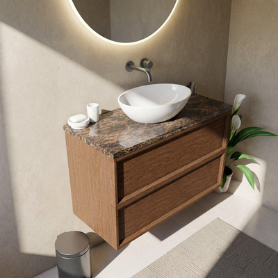 Saniclass Holz Frame Ensemble de meubles de salle de bains - 100x45x63cm - Plan de toilette en pierre naturelle Noche dark emperador - sans trou de robinetterie - 2 tiroirs - walnut pure mat (bois)
