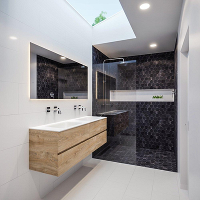 MONDIAZ VICA Ensemble de meuble salle de bain - 150cm - 4 tiroirs - lavabo Cloud double - 0 trous de robinet - solid surface chêne blanchi