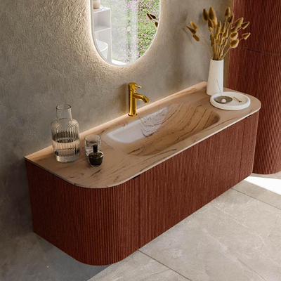 MONDIAZ KURVE-DLUX Meuble de salle de bains 130cm arrondi Gauche + Droite couleur Ruby avec 1 tiroir et 2 portes. Plan-vasque BIG SMALL Central 1 trou de robinet Arena.