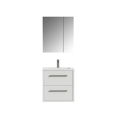 Tiger Boston Ensemble meuble de salle de bains 60cm Softclose Blanc haute brillance avec armoire de toilette. Vasque en polybéton blanc brillant et poignées inox brossé