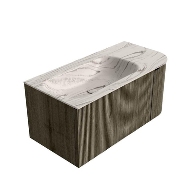 MONDIAZ KURVE-DLUX Meuble de salle de bains 95cm arrondi à droite couleur Shadow avec 1 tiroir et 1 porte. Vasque BIG SMALL à gauche sans trou de robinet Nata.