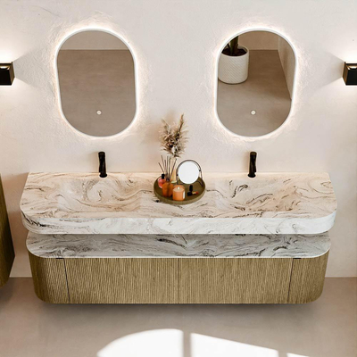 MONDIAZ THOR-DLUX 190cm meuble de salle de bains arrondi gauche + droite couleur Dusk avec 2 tiroirs et 2 portes. Vasque suspendue CLOUD Double 2 trous de robinet couleur Glace.