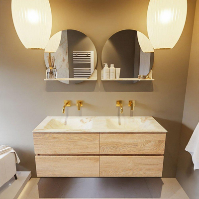 MONDIAZ VICA-DLUX Badkamermeubelset - 130cm - onderkast washed oak - 4 lades - inbouw wastafel cloud dubbel - zonder kraangaten - 60cm hoge versie - frape