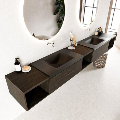 MONDIAZ BUKLA 280cm badmeubel met open module 40 L+M+R kleur Dark Brown met 2 lades. Wastafel CLOUD dubbel 0 kraangaten kleur Urban.