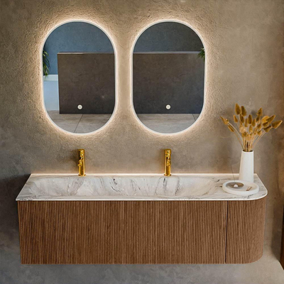 MONDIAZ KURVE-DLUX 145cm Meuble salle de bain avec module 25 D - couleur Walnut - 1 tiroir - 1 porte - vasque BIG LARGE gauche - 2 trous de robinet - couleur Glace