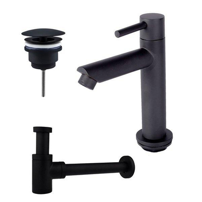 FortiFura Calvi Pack Lave-mains - 1 trou de robinet - droite - robinet Noir mat - Blanc