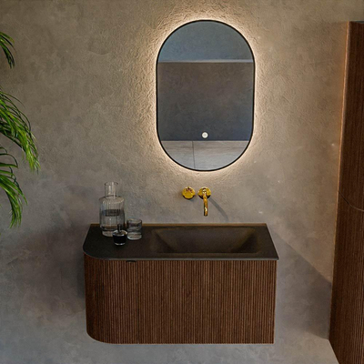 MONDIAZ KURVE 85cm badmeubel met module 25 L kleur Walnut met 1 lade en 1 deur. Wastafel CLOUD rechts zonder kraangat Urban.