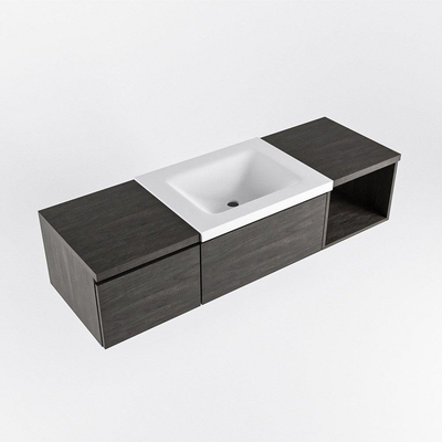 MONDIAZ BUKLA 140cm ensemble de meuble avec module ouvert 40 à droite couleur Marron Foncé avec 2 tiroirs. Lavabo CLOUD centre 0 trous de robinet couleur Talc.