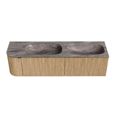 MONDIAZ KURVE-DLUX Meuble de salle de bains 165cm arrondi à gauche couleur Chêne avec 2 tiroirs et 1 porte. Lavabo STOR SMALL Double / Droite 2 trous de robinet Oza.