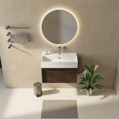 Saniclass Holz Frame Ensemble meuble de salle de bains - 80x45x52cm - lavabo Legend en céramique blanc - 1 vasque - sans trou de robinet - 1 tiroir - chêne charcoal mat (bois)