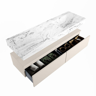 Mondiaz ALAN-DLUX Ensemble de meuble - 150cm - meuble Linen mat - 2 tiroirs - Lavabo Cloud Glace suspendu - vasque Droite - 0 trous de robinet