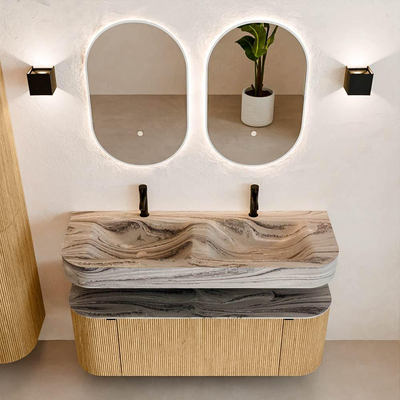 MONDIAZ THOR-DLUX 130cm badmeubel ronding links + rechts kleur Oak met 1 lade en 2 deuren. Vrijhangende wastafel CLOUD Dubbel 2 kraangaten kleur Sombra.