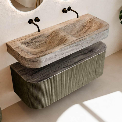 MONDIAZ THOR-DLUX 120cm meuble de salle de bains arrondi gauche + droite couleur Shadow avec 1 tiroir et 2 portes. Vasque suspendue CLOUD Double sans trou de robinet couleur Oza.