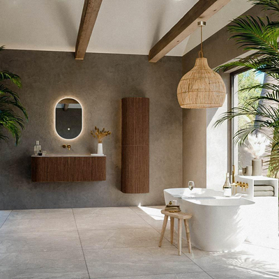 MONDIAZ KURVE-DLUX Meuble de salle de bains 120cm arrondi Gauche + Droite couleur Walnut avec 1 tiroir et 2 portes. Lavabo BIG SMALL central sans trou de robinet Oza.