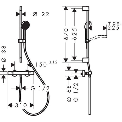 Hansgrohe Activera Select S 95 kit de rénovation - 2jets - EcoSmart avec Ecostat Fine - barre de glissement 65cm - noir mat
