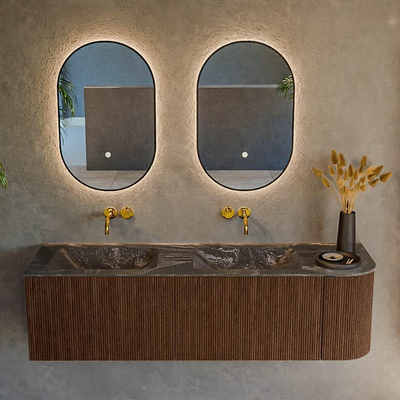 MONDIAZ KURVE-DLUX 155cm badmeubel met module 25 R kleur Walnut met 2 lades en 1 deur. Wastafel LEAF dubbel / links zonder kraangat kleur Lava.