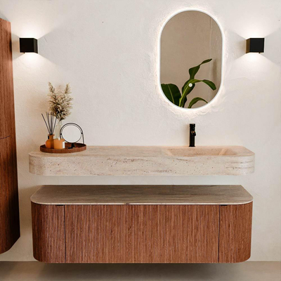 MONDIAZ THOR-DLUX 150cm meuble de salle de bains arrondi gauche + droite couleur Ruby avec 1 tiroir et 2 portes. Vasque suspendue CLOUD Droite 1 trou de robinet couleur Saba.