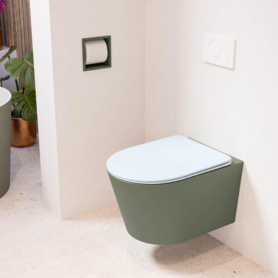 Mondiaz LAVIE hangtoilet – spoelrandloos – 36 x 53 cm – met softclose zitting – Army (groen), zitting Clay (lichtblauw/grijs)
