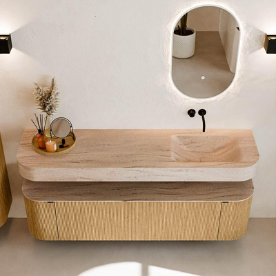 MONDIAZ THOR-DLUX 170cm meuble de salle de bains arrondi gauche + droite couleur Oak avec 1 tiroir et 2 portes. Vasque suspendue CLOUD Droite sans trou de robinet couleur Saba.