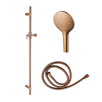 Fortifura Calvi ensemble barre de douche avec douchette ronde, flexible de douche métallique cuivre brossé