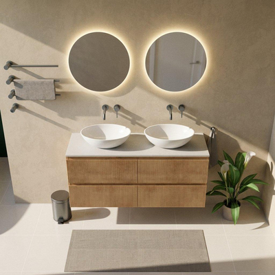 Saniclass Holz Atelier Ensemble de meubles de salle de bains - 140x45x62.5cm - plan de toilette Torino en solid surface blanc - sans trou de robinet - 4 tiroirs - chêne natural mat (bois)