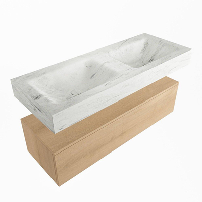 Mondiaz ALAN-DLUX Ensemble de meuble - 120cm - meuble Washed Oak mat - 1 tiroir - Lavabo Cloud Opalo suspendu - vasque Gauche et droite - 0 trous de robinet