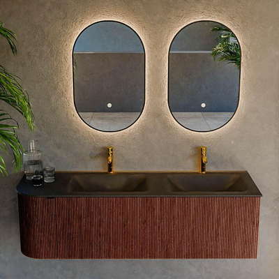 Mondiaz KURVE Ensemble de meuble salle de bain - 145x46x40cm - 1 tiroir - 1 porte - lavabo en solid surface - double / droite - 2 trous de robinet - Ruby