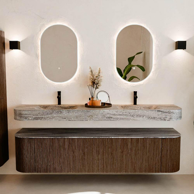 MONDIAZ THOR-DLUX 190cm meuble de salle de bains arrondi gauche + droite couleur Walnut avec 2 tiroirs et 2 portes. Vasque suspendue CLOUD Double 2 trous de robinet couleur Oza.