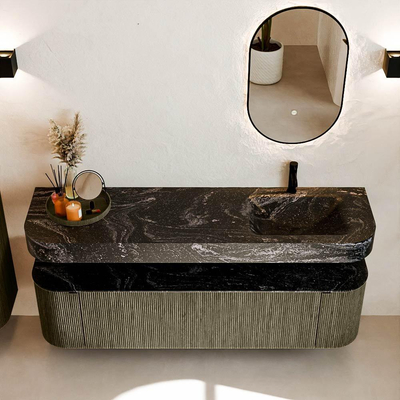 MONDIAZ THOR-DLUX 170cm badmeubel ronding links + rechts kleur Shadow met 1 lade en 2 deuren. Vrijhangende wastafel CLOUD Rechts 1 kraangat kleur Lava.